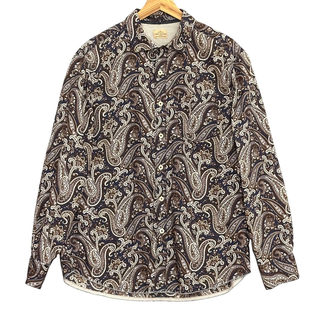 Tommy Bahama Mens Shirt L Blue Brown Paisley Button Up Retro Classic Travel